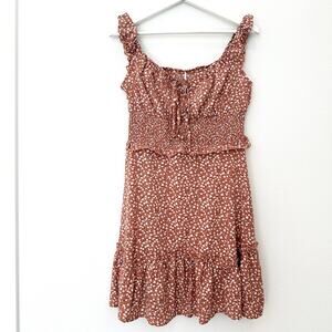 Salmon pink orange floral ruffle cap sleeve smocked dress medium